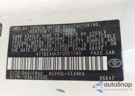 2007 Toyota Camry Le z USA, uszkodzony, nr VIN 4T1BE46K97U551780